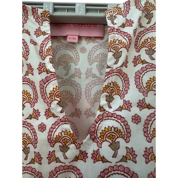 Quiet Culture Cotton Poplin Lounge Dress Pink Green Geometric Ruffle Trim NWT - Picture 5 of 6